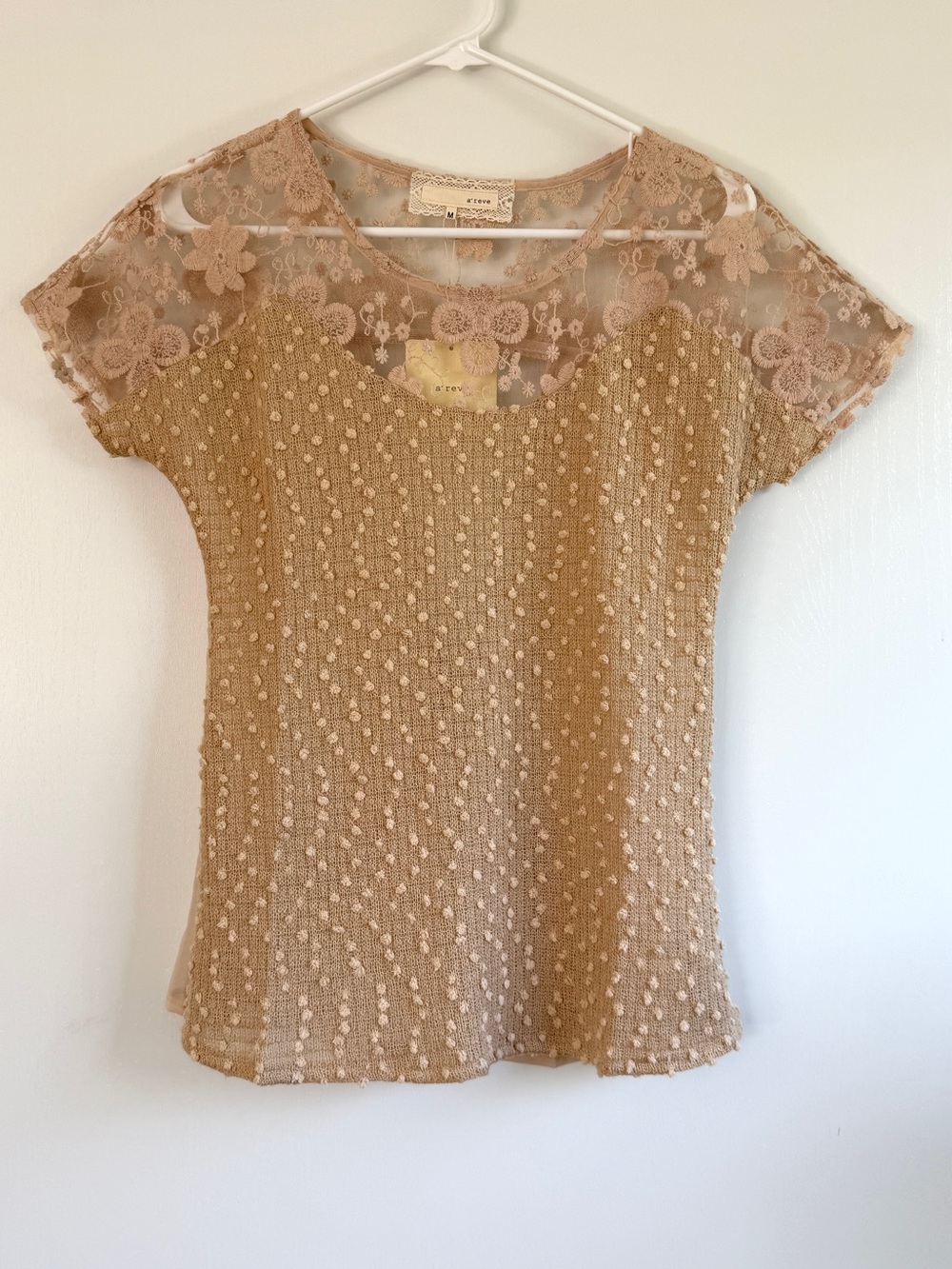 A’reve Vintage-Inspired Lace Yoke Beige Women's Top Sheer Open Back Romantic